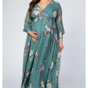 Teal Floral Chiffon Maternity Plus Maxi Dress